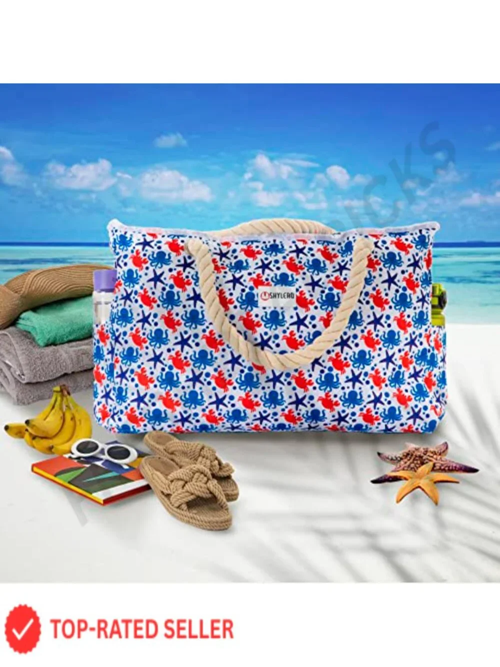 Waterproof Beach Tote Bag with Cooler Pocket, 7 Pockets, Zip Top, Large Family
